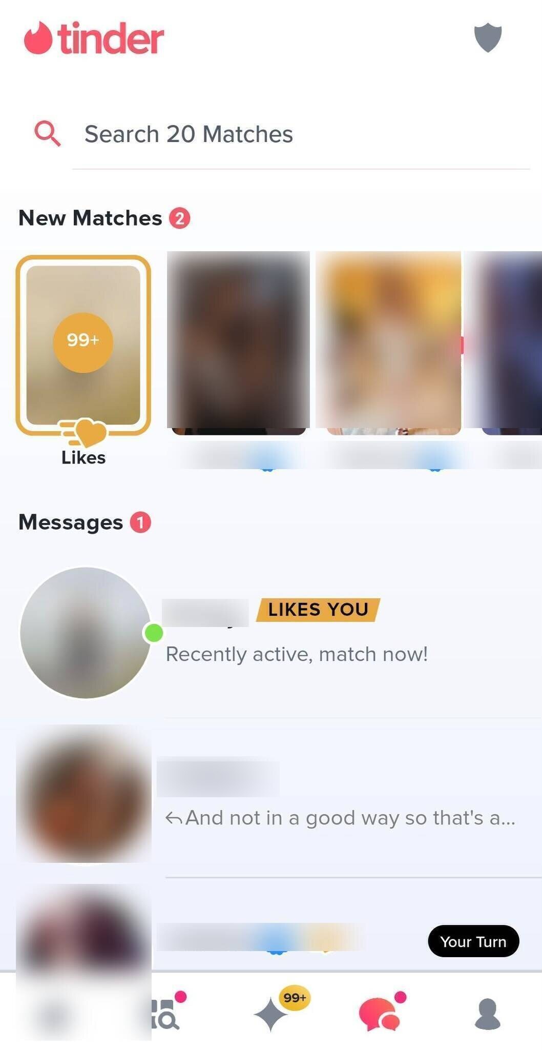 Client's Tinder inbox showing 99+ likes and new matches, identities blurred
